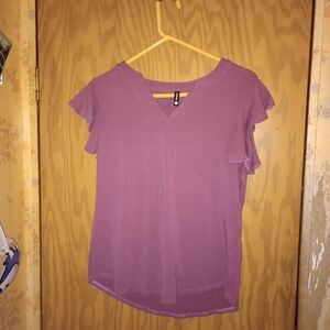 PrinStory V Neck Top Ruffled Sleeves Magenta Women's Size Medium Shirt